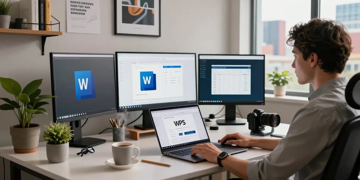 WPS Download workspace with laptop, screens, coffee, and city view showing productivity tools.