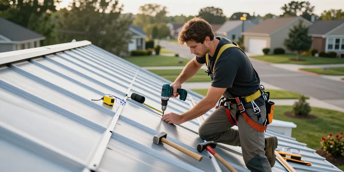 Steel roofing contractors at work installing metal panels on a residential roof, showcasing craftsmanship and safety.
