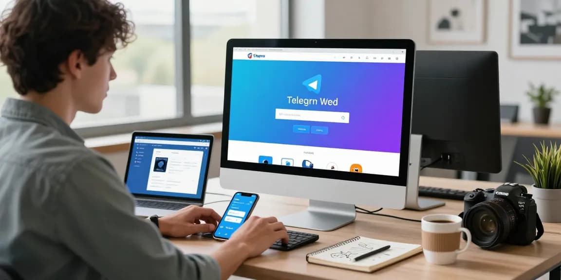 Discover the Telegram download process in a modern workspace, with a professional engaged in the app's installation on a desktop.