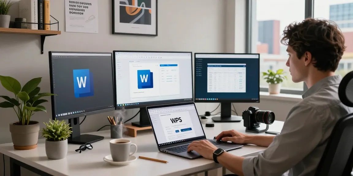 WPS Download workspace with laptop, screens, coffee, and city view showing productivity tools.