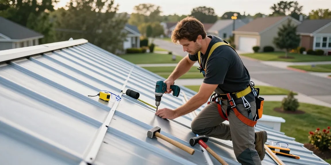 Steel roofing contractors at work installing metal panels on a residential roof, showcasing craftsmanship and safety.