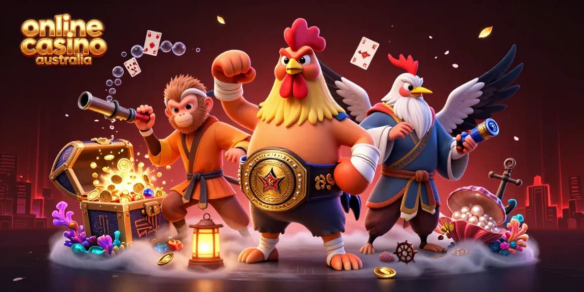 Feel the excitement of online casino Australia with dynamic characters and gaming elements in a colorful 3D illustration.