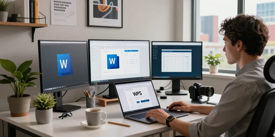 WPS Download workspace with laptop, screens, coffee, and city view showing productivity tools.