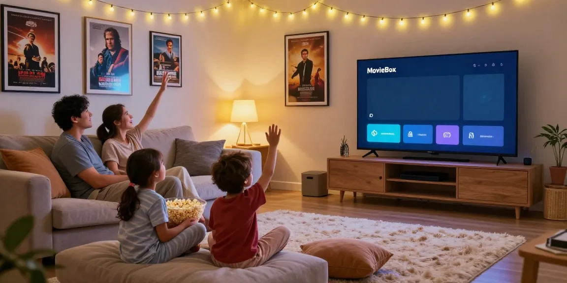 Family enjoying a movie with the MovieBox app in a cozy living room
