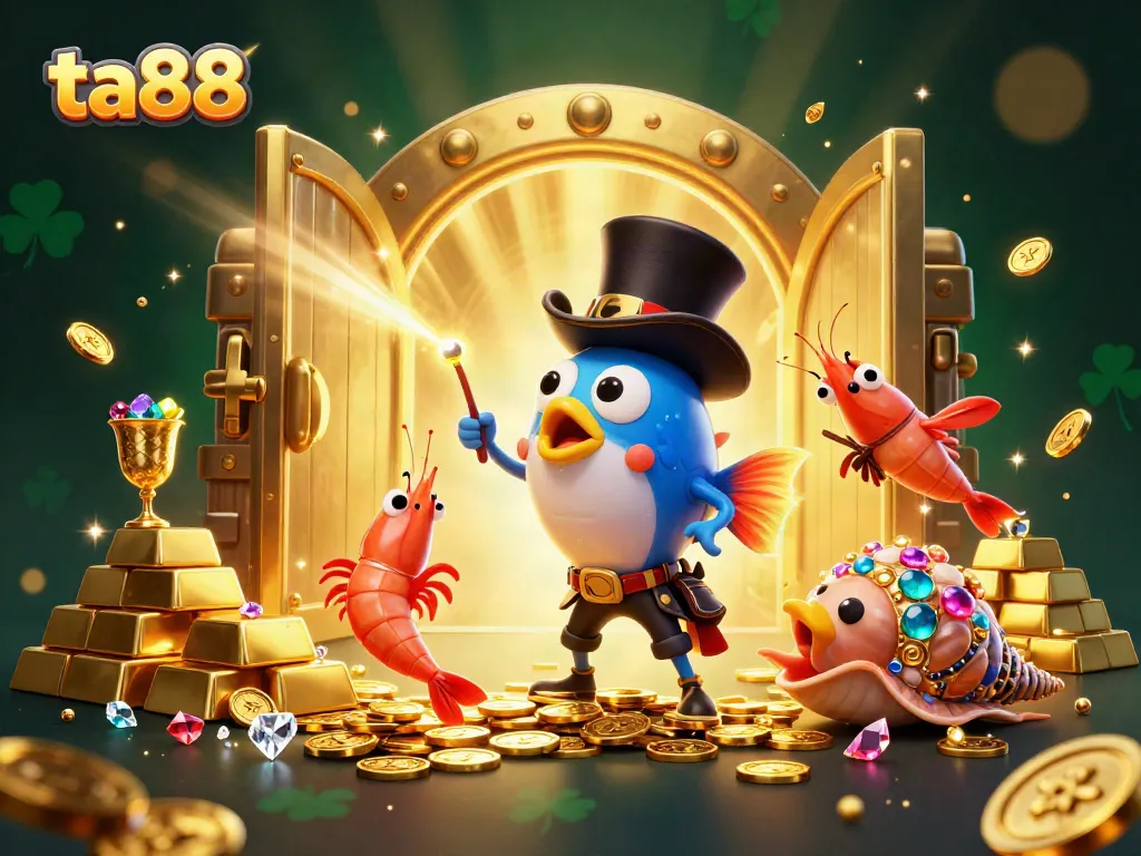 Engage with ta88 for exciting treasure hunts, featuring cartoon characters surrounded by gold and gems.