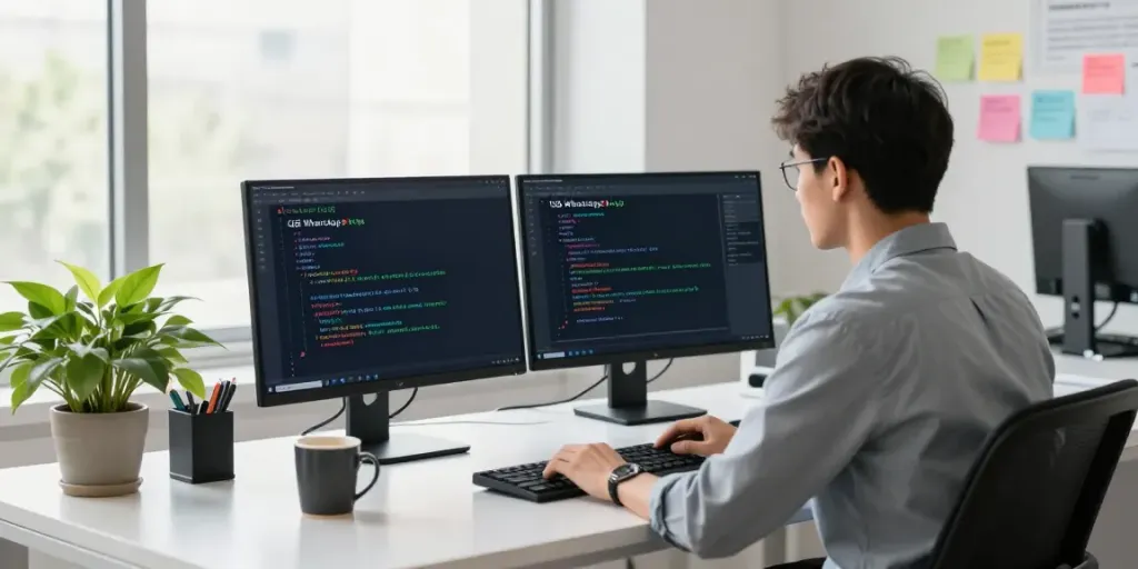 Developer coding GB WhatsApp new version apk in a modern tech workspace.