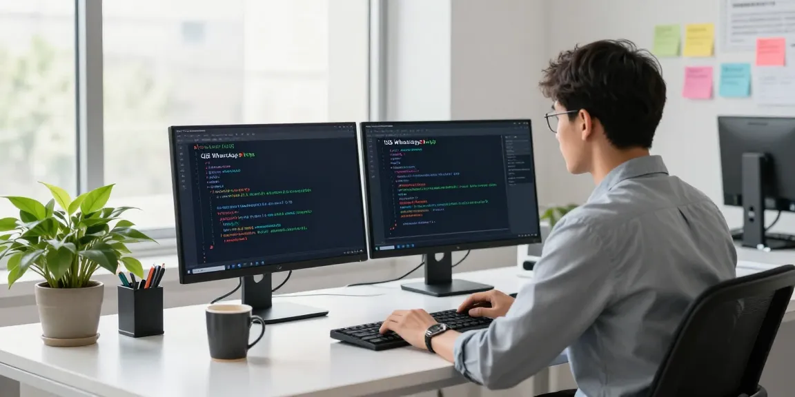 Developer coding GB WhatsApp new version apk in a modern tech workspace.