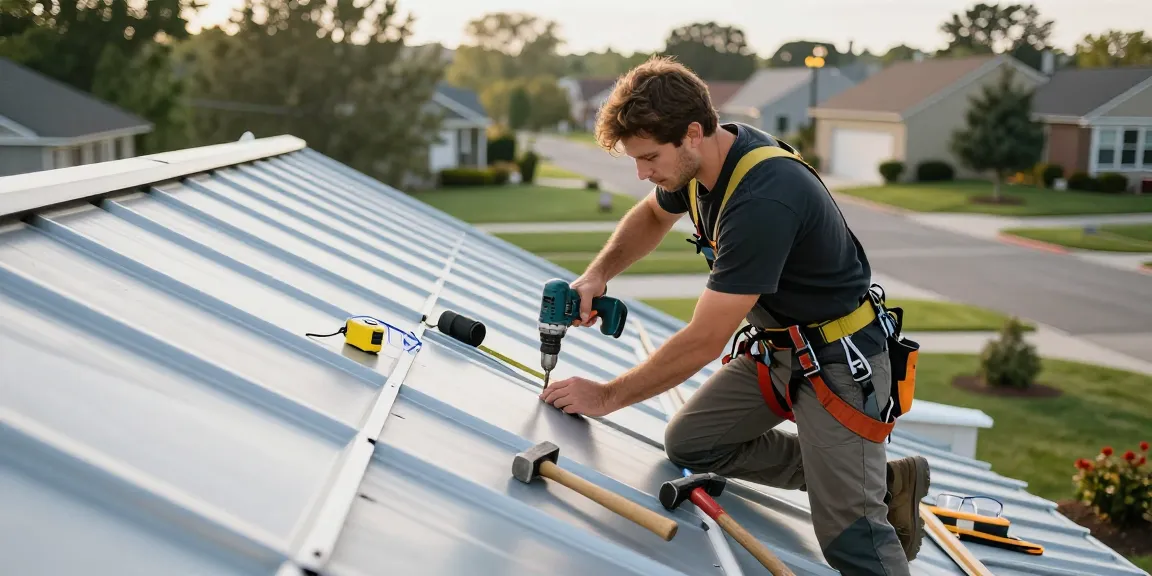 Steel roofing contractors at work installing metal panels on a residential roof, showcasing craftsmanship and safety.