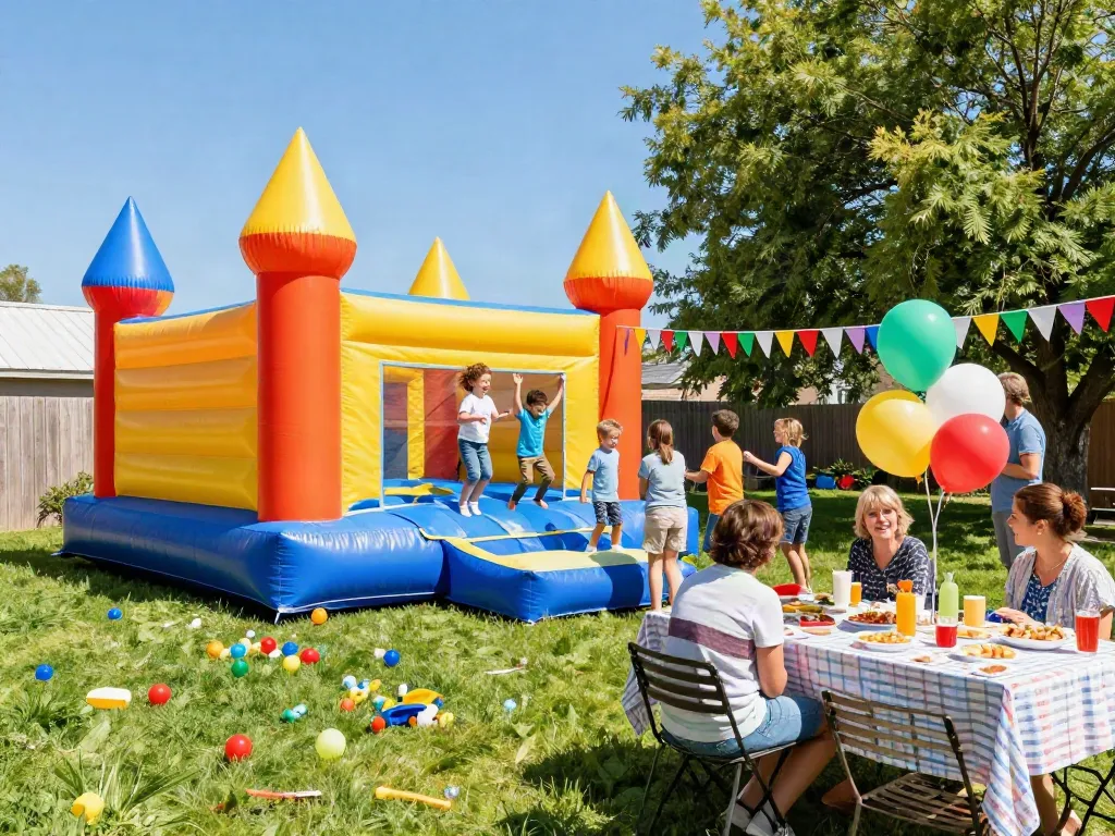 Kids playing joyfully on an inflatable castle at a colorful birthday party outdoors.