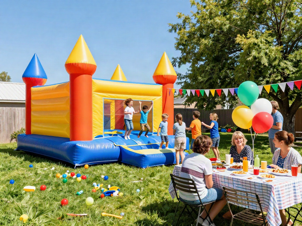 Kids playing joyfully on an inflatable castle at a colorful birthday party outdoors.