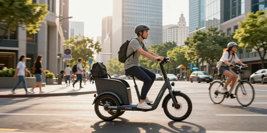 Electric cargo tricycle rider navigating city streets with STREEK design.