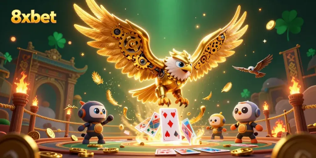 Experience the excitement of 8xbet with a dynamic 3D illustration featuring a cybernetic eagle immersed in casino elements.