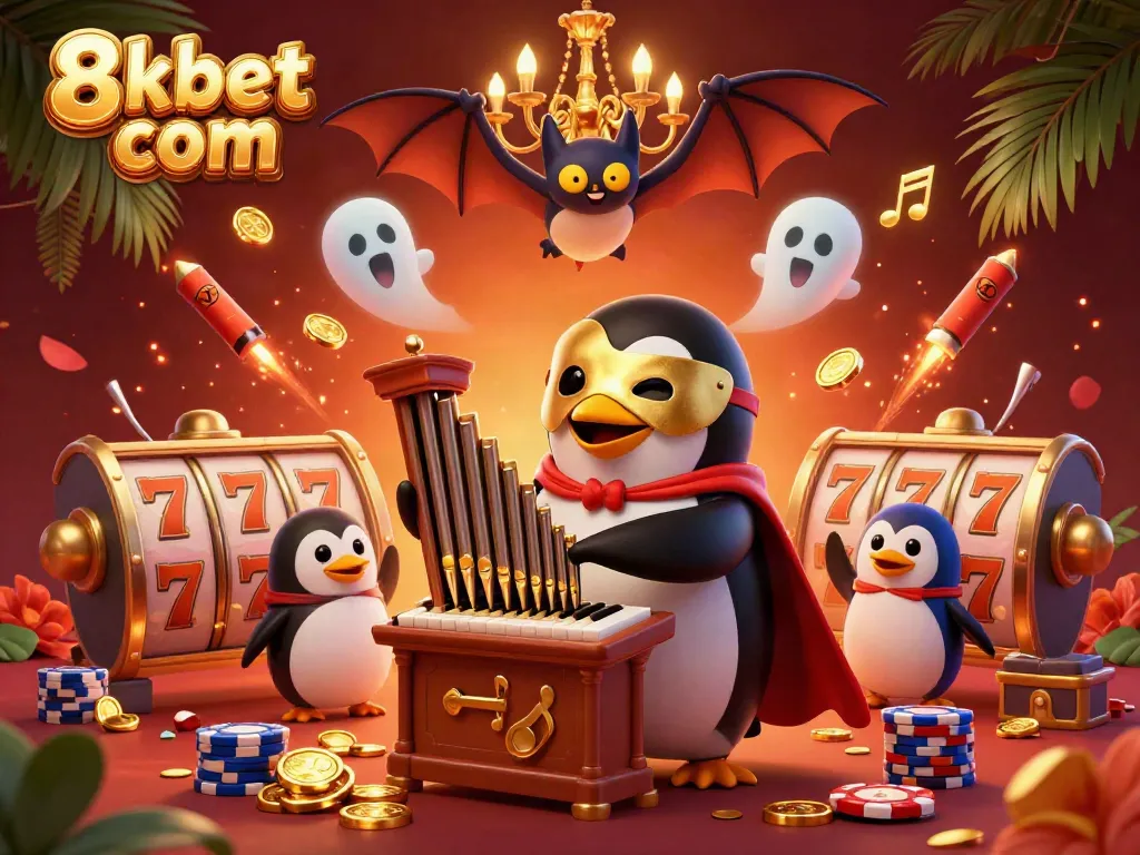 Experience the excitement of 8xbet com with a lively scene featuring a penguin playing for jackpot wins.