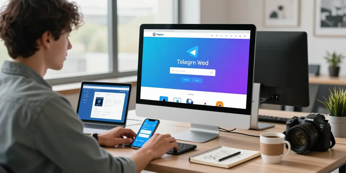 Discover the Telegram download process in a modern workspace, with a professional engaged in the app's installation on a desktop.