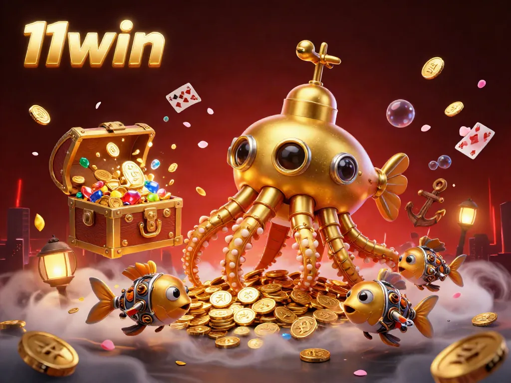 Experience thrilling gaming moments with 11win's captivating golden kraken submarine illustration filled with treasure.