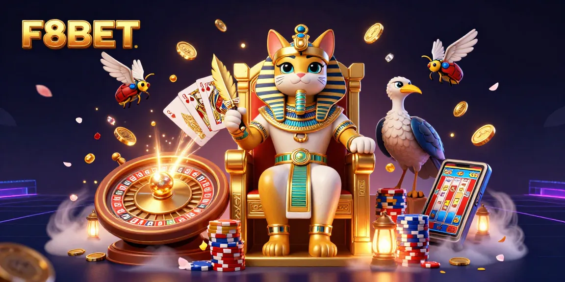 Experience thrilling wins at F8BET with vibrant casino elements in a dynamic 3D scene.