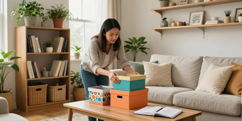 Professional home organizer Ottawa assisting with decluttering in a bright living room.