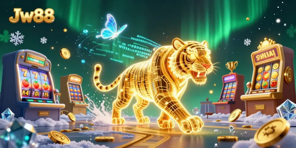 Engage in thrilling gameplay with Jw88's vibrant digital casino, featuring a neon tiger and exciting slot elements.