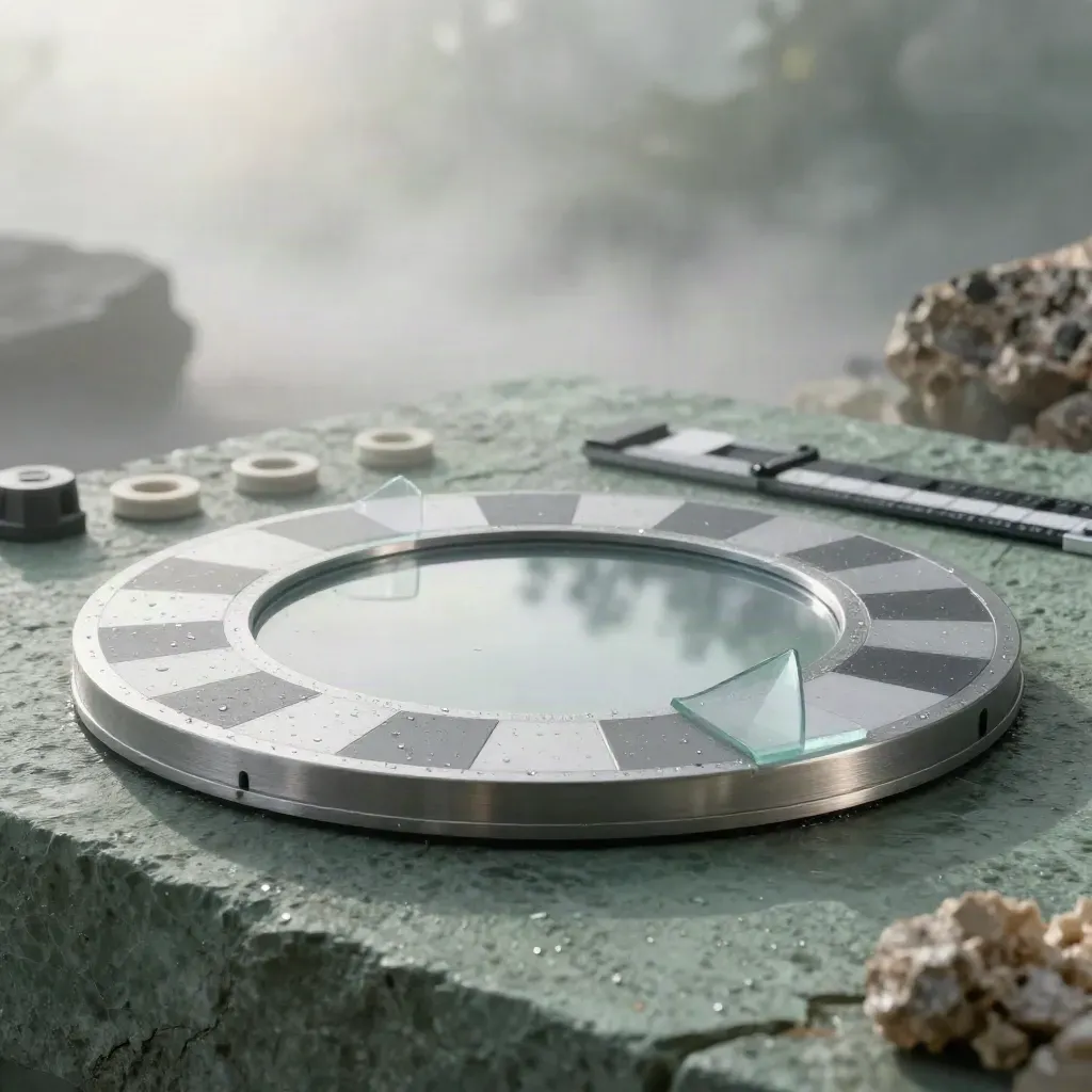 Calibrated metal plate, gray tiles and frosted glass wedges on damp stone in morning mist.