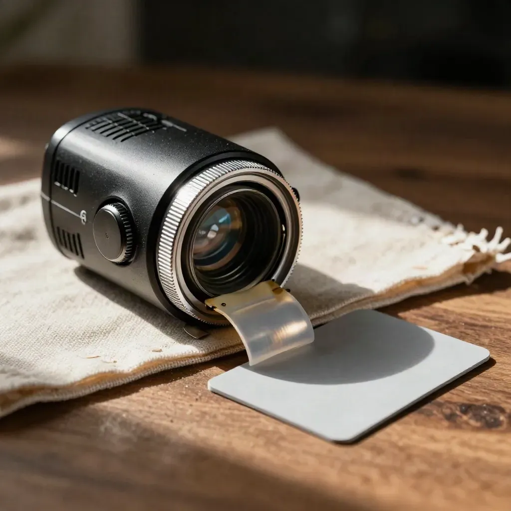 Light meter, open film canisters and grey card on walnut wood in soft window light.