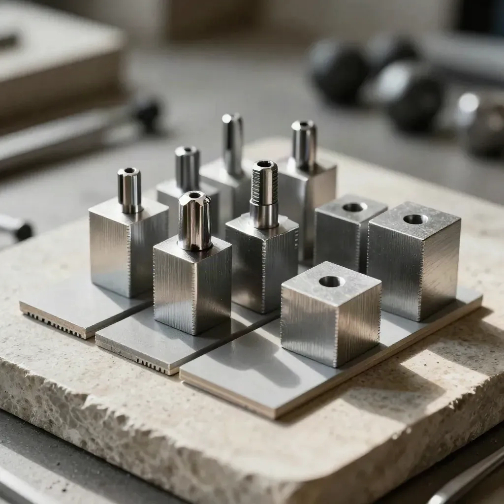 Calibration blocks and sensor shims on a stone surface with soft dark bokeh.