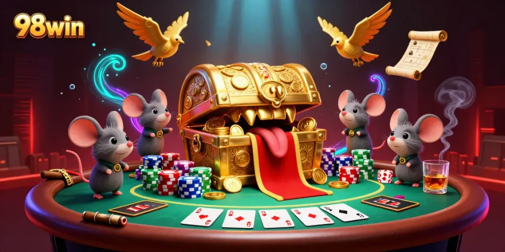 Experience thrilling wins at 98win with a vibrant casino adventure depicting gold and poker elements.