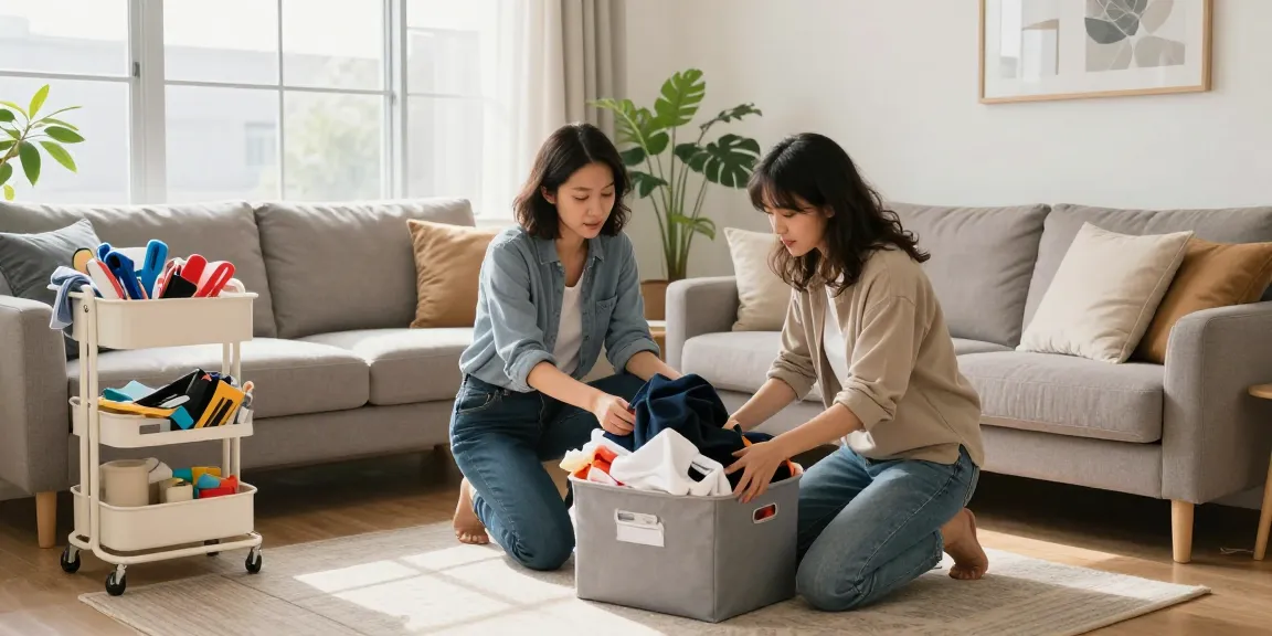 A professional home organizer Ottawa helping a client declutter and organize a cozy living room space.