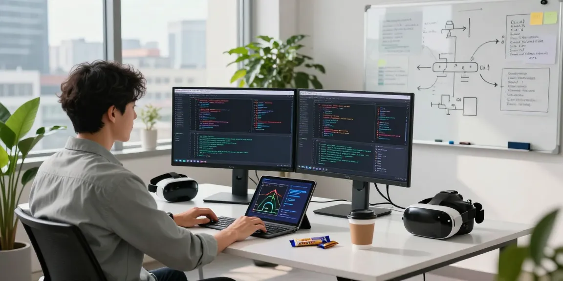 AI developer engaged with advanced algorithms on multiple monitors in a modern workspace showcasing Agent IA technology.