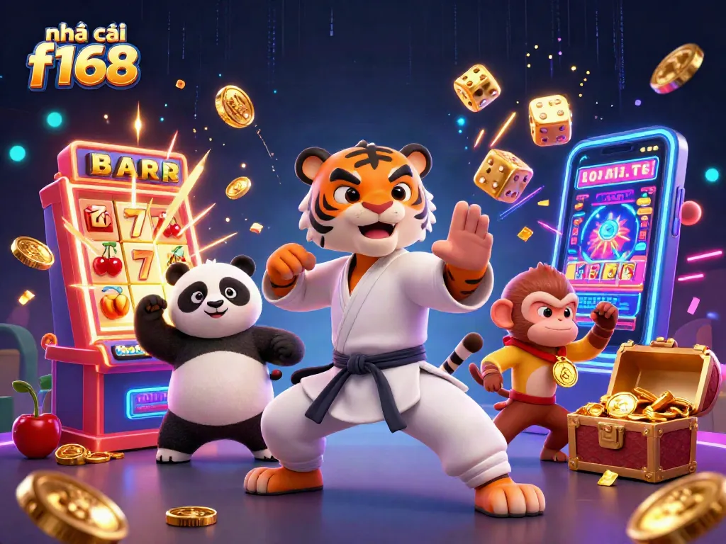 Spin to win with nhà cái f168 in this vibrant 3D casino illustration showcasing dynamic game elements.