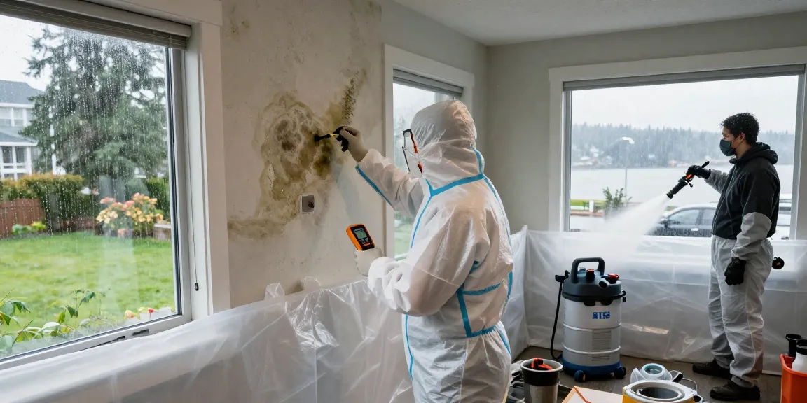 Mold Remediation Vancouver service in action, technician inspecting drywall for mold with advanced equipment.