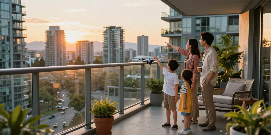 Family enjoying sunset on a balcony with custom railing in Vancouver