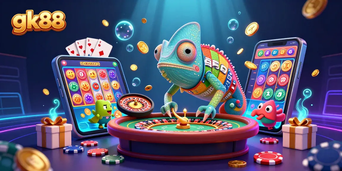 Experience gk88 with vibrant casino elements and a colorful chameleon casino owner.